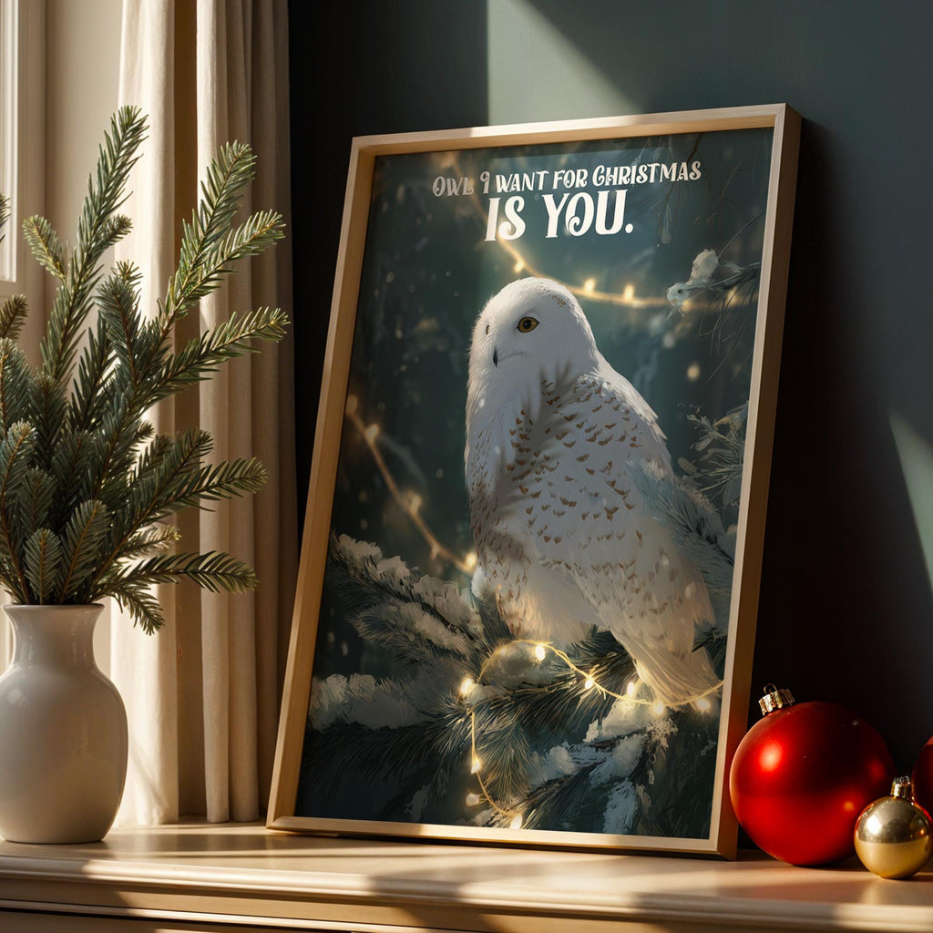 Snowy Owl Christmas Poster – Winter Holiday Wall Art