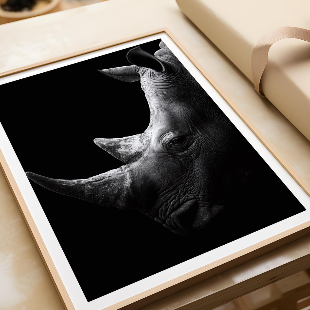 Black and White Rhino Wall Art Print – Powerful Wildlife Poster for Living Room, Office or Gift – Monochrome Safari Decor
