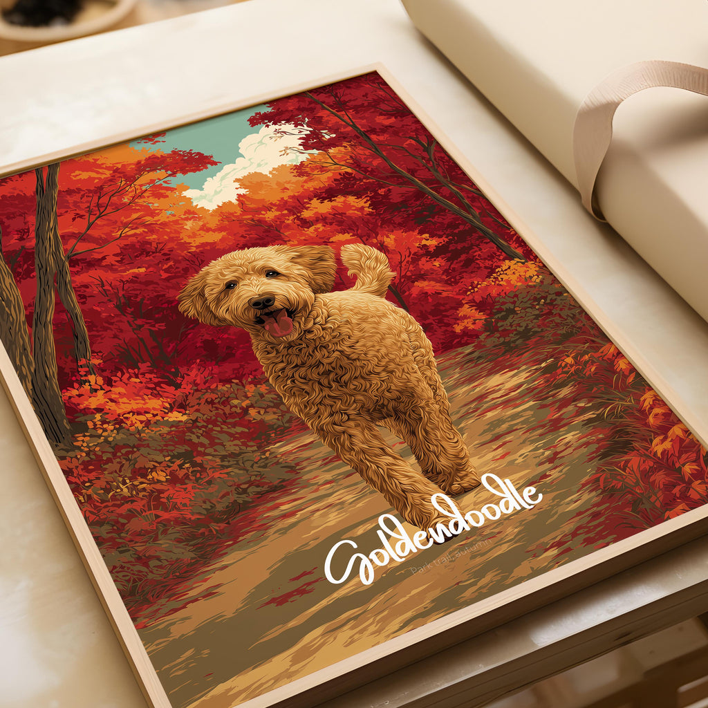 Goldendoodle Wall Art Framed Poster – Cute Dog Decor for Kids Room or Nursery, Fluffy Pet Print, Playful Animal-Themed Gift
