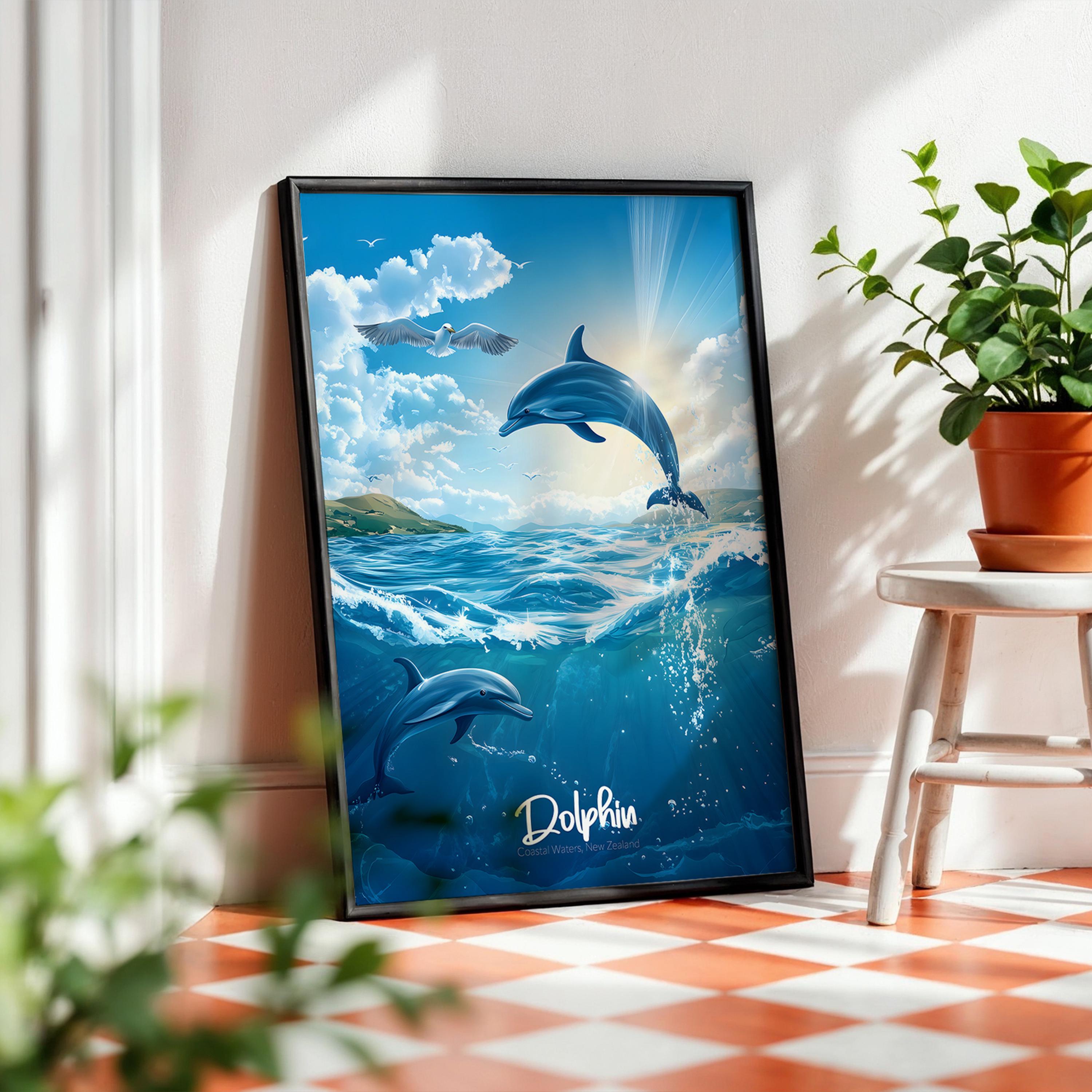 Dolphin Wall Art Print: Tropical Ocean Wildlife Illustration