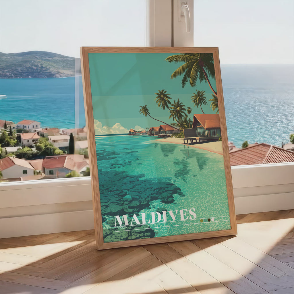 Maldives Poster – Tropical Island Wall Art, Overwater Villa Print, Exotic Beach Travel Photography Decor